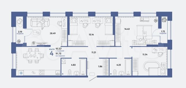 4-к. квартира, 95,6 м², 2/11 эт.