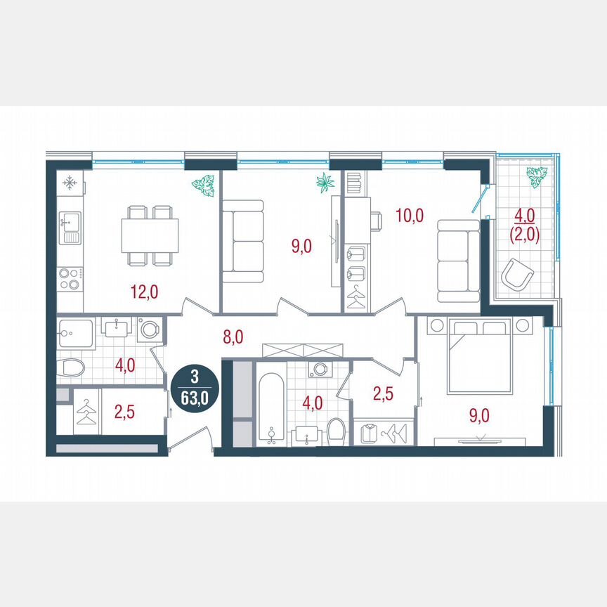 3-к. квартира, 63 м², 12/32 эт.