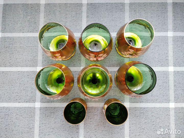 Бокалы Богемия 6 шт «Цветы» + 2 вазы зеленое стекл