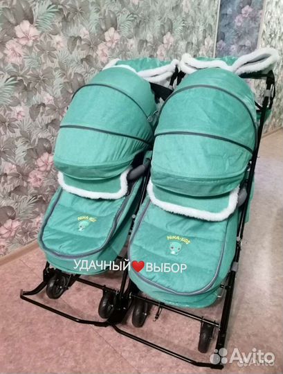 Новые санки для двойни Наши Детки (джинс/зеленый)