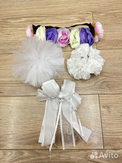 Белые школьные Бантики и тканевый ободок с цветами