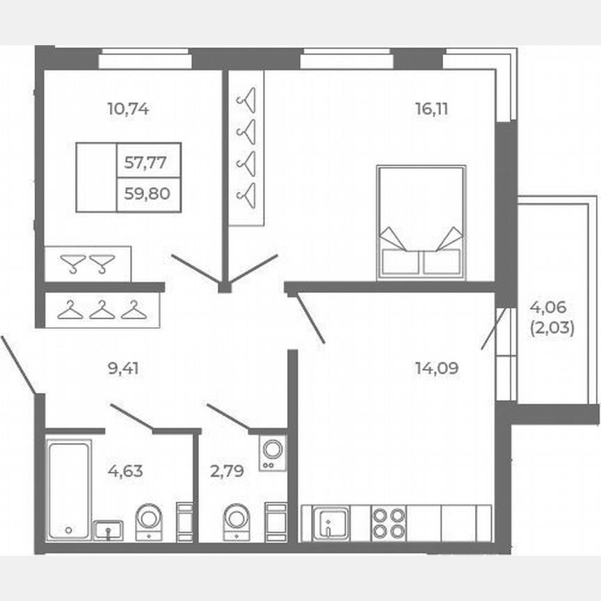2-к. квартира, 57,8 м², 1/4 эт.