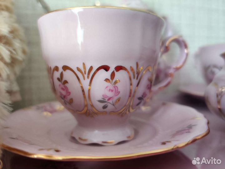 Кофейный сервиз розовый фарфор Чехословакия