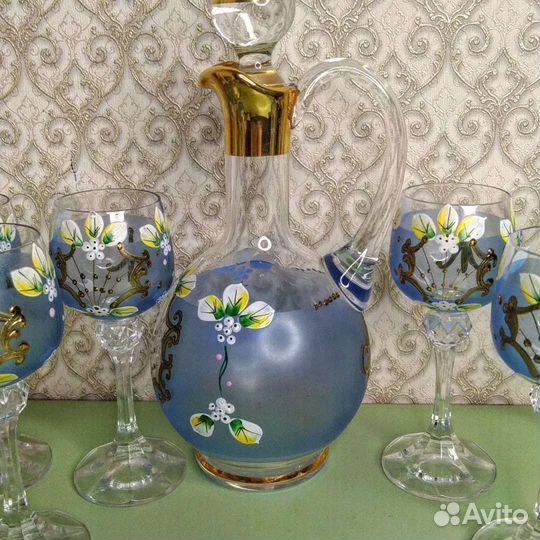 Цветной набор графин и 6 рюмок Богемия