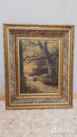 Картина шелкография СССР сельский пейзаж