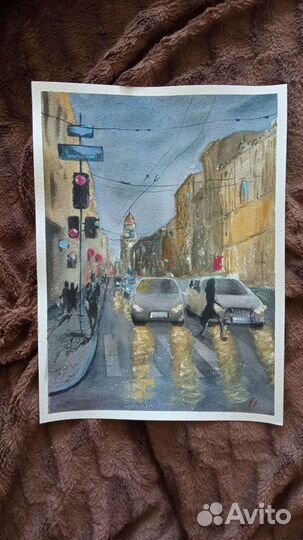 Картина акварель, солнечный город утро улица