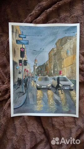 Картина акварель, солнечный город утро улица