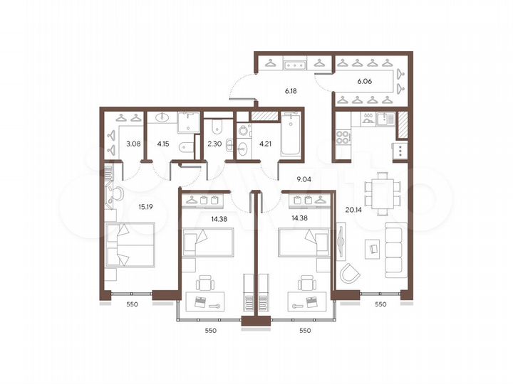 3-к. квартира, 99,1 м², 5/9 эт.