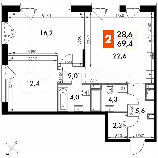 2-к. квартира, 69,4 м², 10/16 эт.