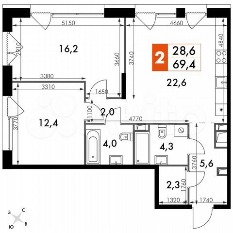 2-к. квартира, 69,4 м², 10/16 эт.