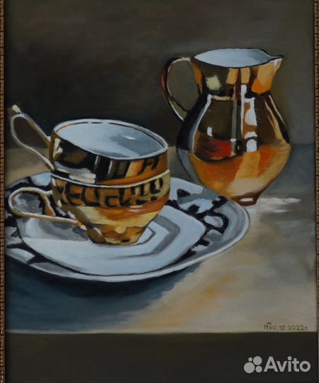 Картина маслом, натюрморт чайная пара, золотом