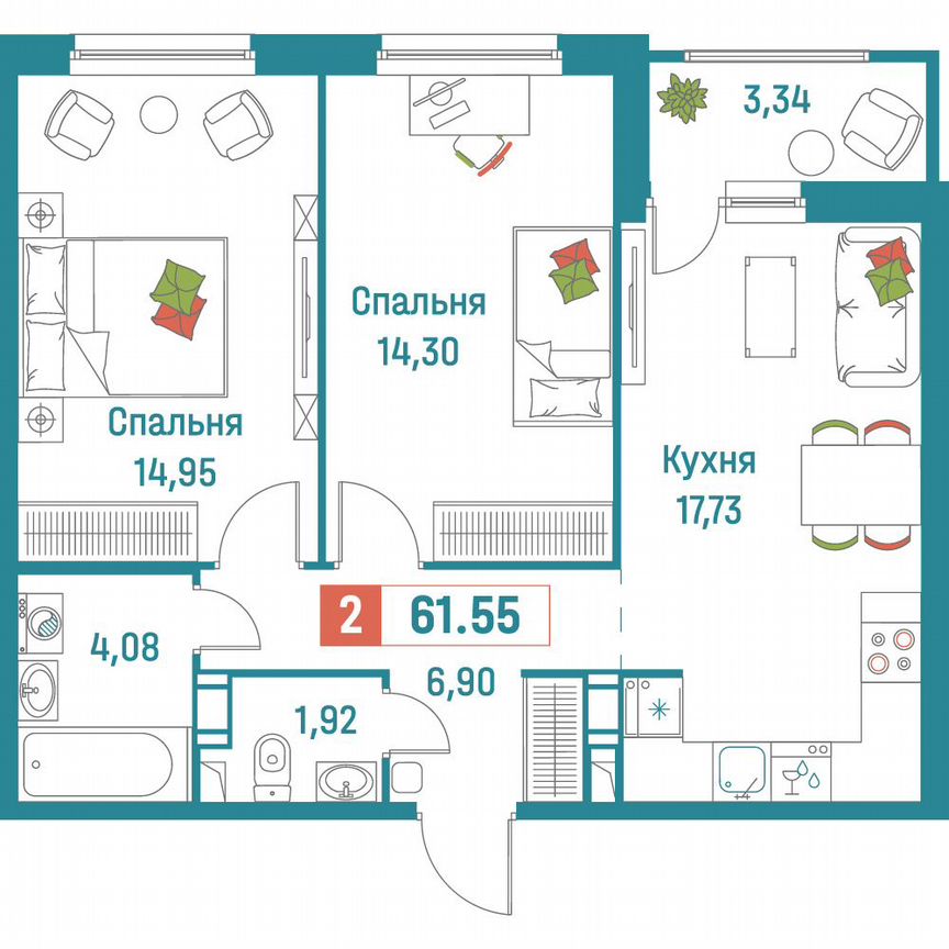 2-к. квартира, 61,6 м², 5/18 эт.