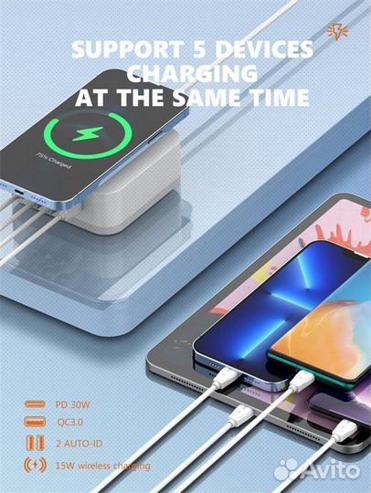 Беспроводная зарядная станция + 3 USB + Type-C