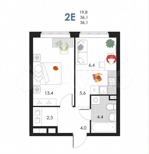 2-к. квартира, 36,1 м², 2/6 эт.