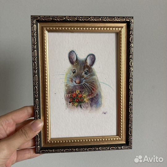 Картина акварель в раме мышонок