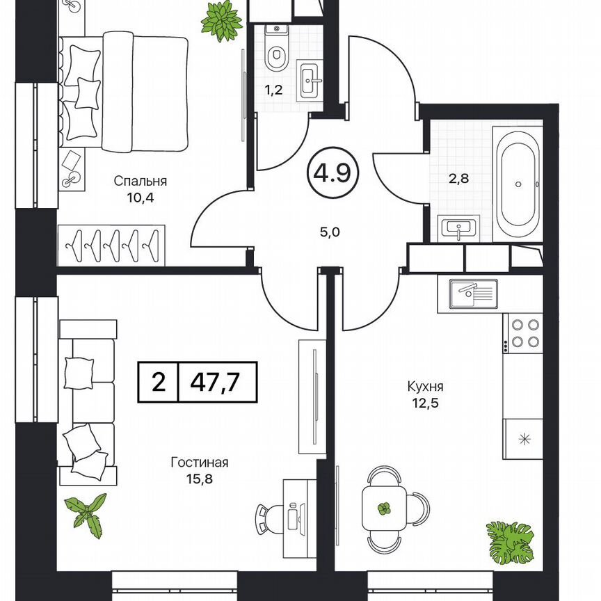 2-к. квартира, 47,7 м², 15/17 эт.