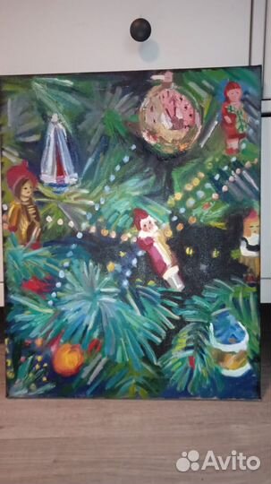 Картины маслом Елка, застолье,коты