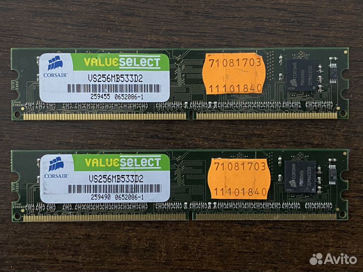 2 модуля памяти Corsair Value Select DDR2 256 Мб