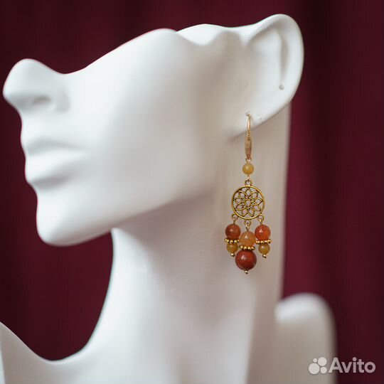 Серьги классические с камнями яшмы и кварца