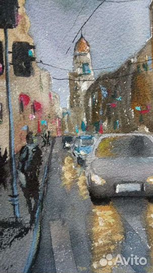 Картина акварель, солнечный город утро улица