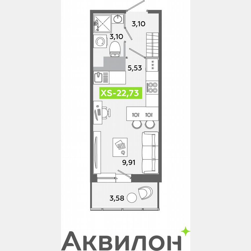 Квартира-студия, 22,7 м², 8/12 эт.