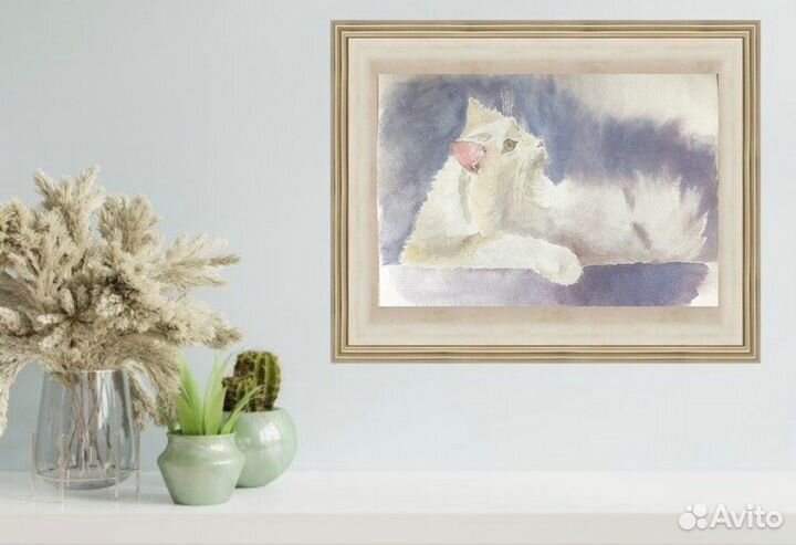 Картина Белый кот акварель