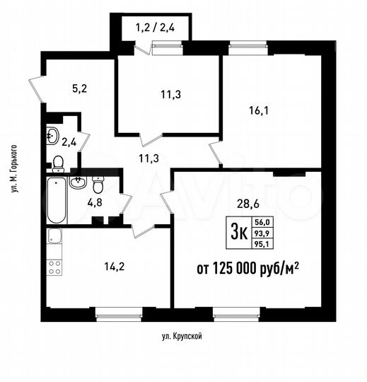 3-к. квартира, 94,9 м², 6/6 эт.