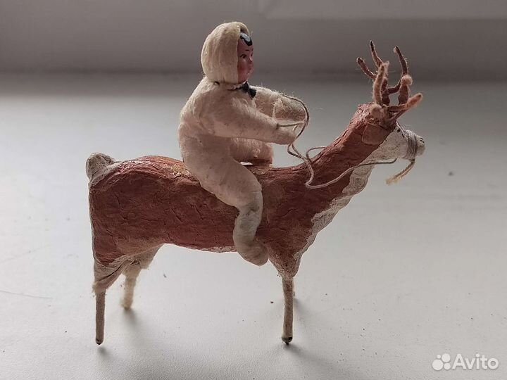 Ёлочная игрушка папье маше якут на олене СССР 1950