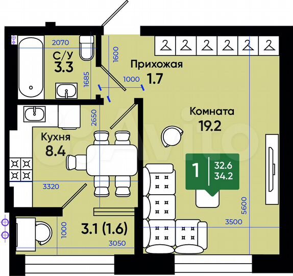 1-к. квартира, 34,6 м², 1/3 эт.