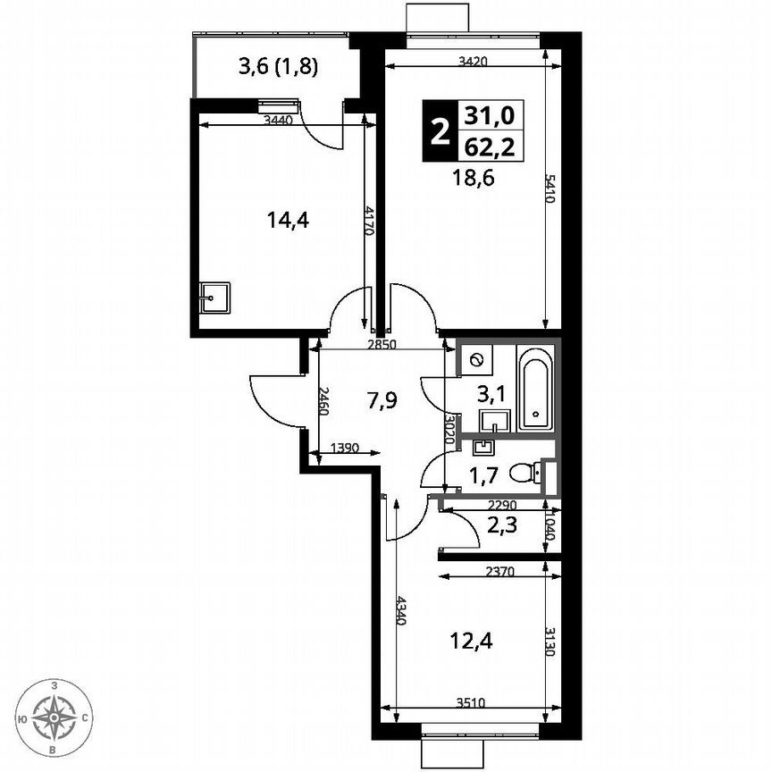 2-к. квартира, 62,2 м², 20/24 эт.