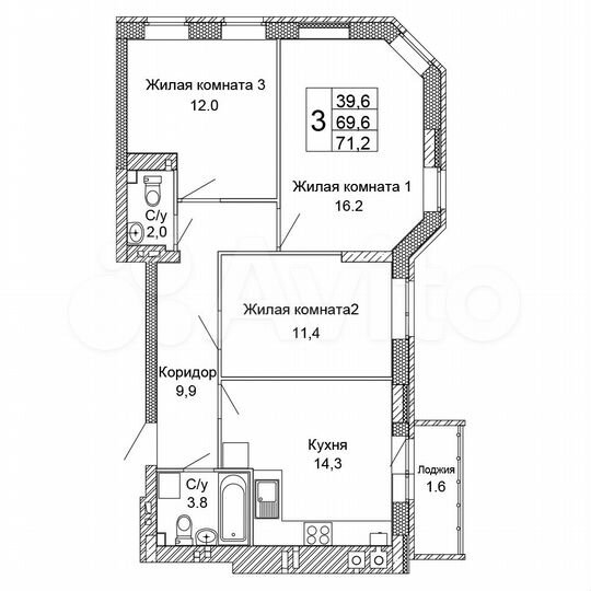 3-к. квартира, 71,2 м², 4/9 эт.