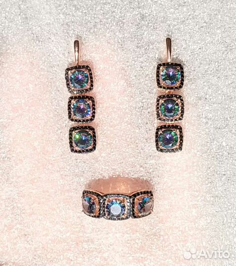 Серьги кольцо топаз мистик цирконы золото