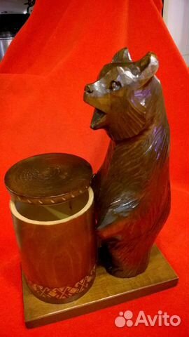 Мишка с бочонком (чиляком) резьба по дереву 1975г