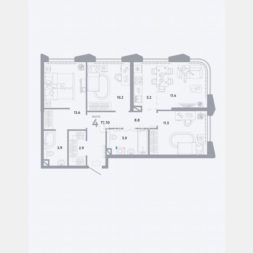 3-к. квартира, 72,5 м², 13/19 эт.