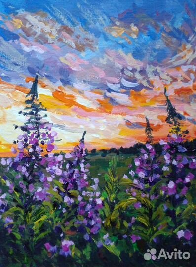 Картина- миниатюра.Акрилом.Иван-чай