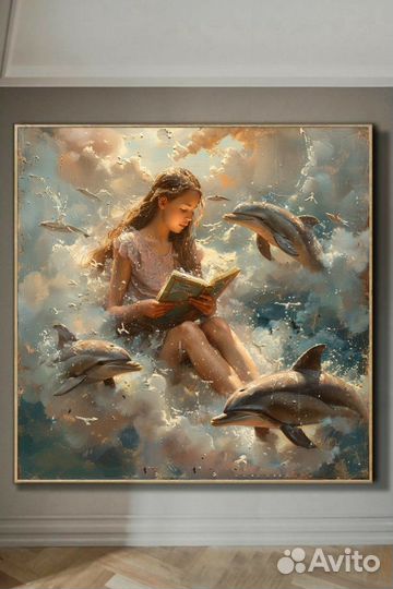 Интерьерная картина маслом игра с дельфинами