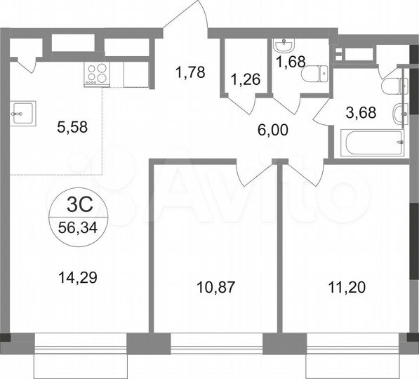 3-к. квартира, 56,3 м², 3/22 эт.