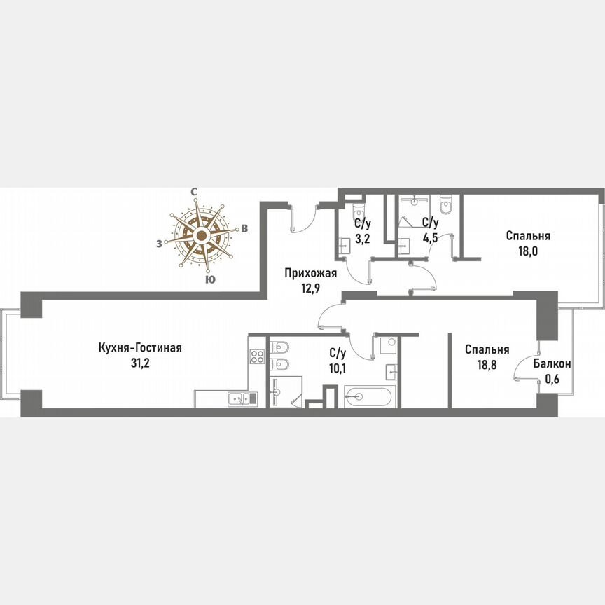 2-к. квартира, 99,2 м², 14/16 эт.