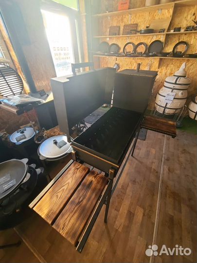 Мангал с крышкой, с полками и дровницей