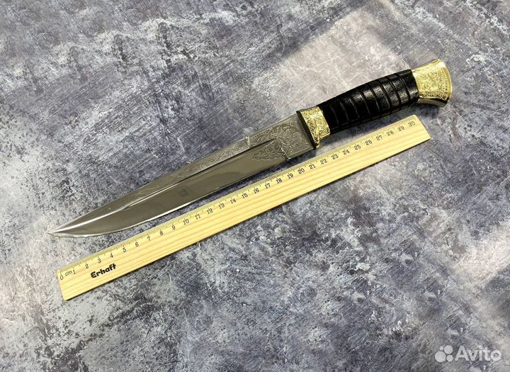 Пластунский нож с резьбой, украшенный, сталь 65Г