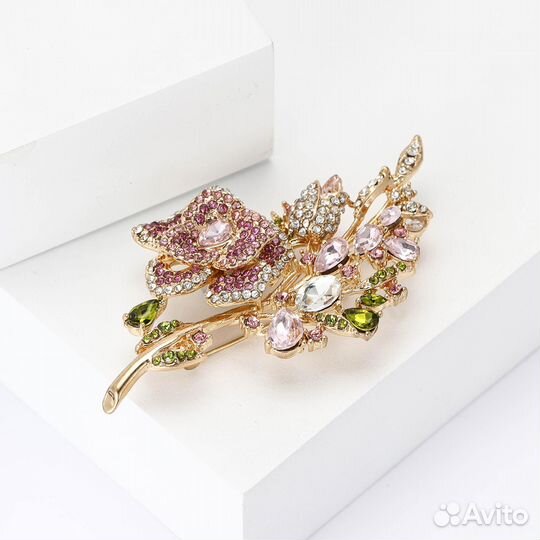 Брошь Кулон Камелия Розовая Фианиты Цирконы Люкс