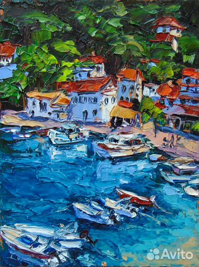 Картина маслом море Черногория лодки дома импасто
