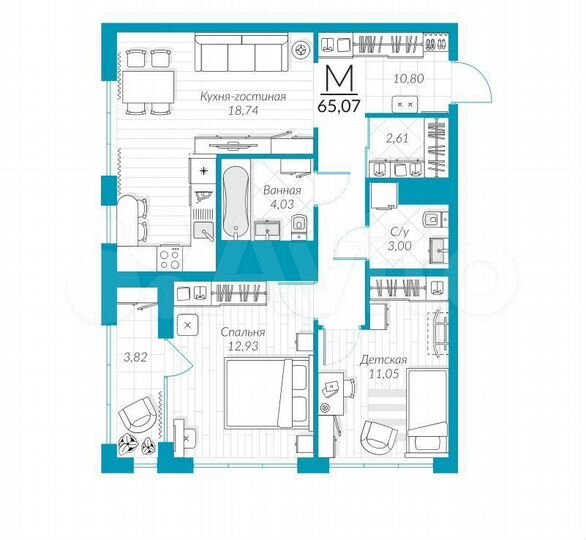 2-к. квартира, 65,1 м², 12/25 эт.