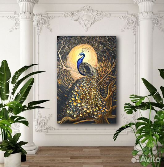 Картина текстурная Павлин и дерево золотая поталь