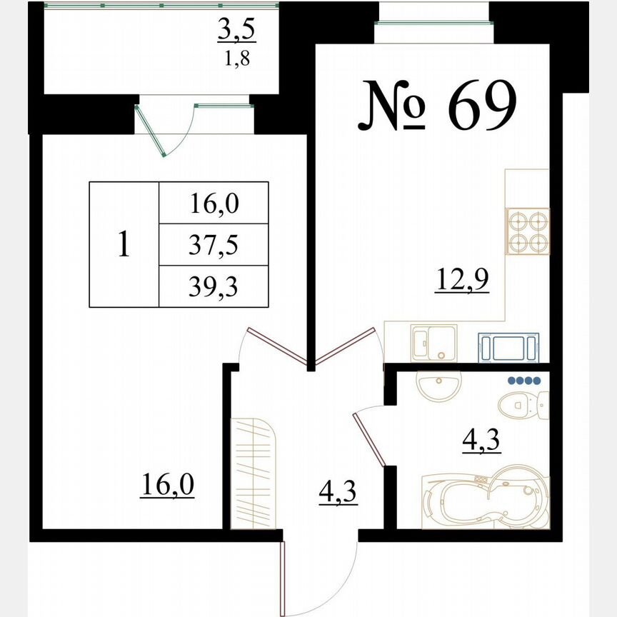 1-к. квартира, 39,3 м², 7/8 эт.