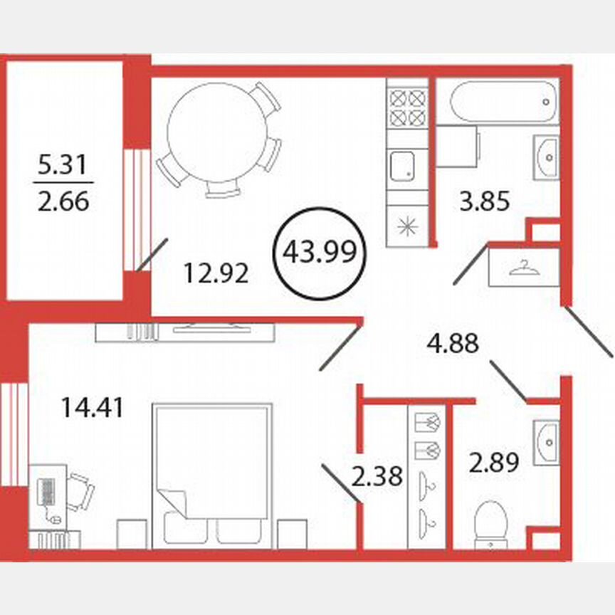 1-к. квартира, 44 м², 12/12 эт.