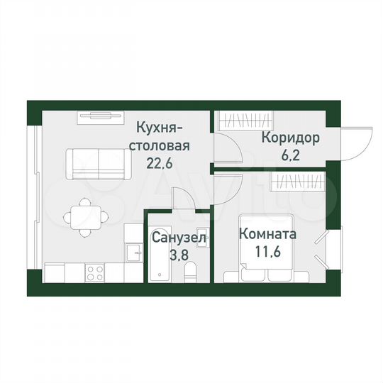 1-к. квартира, 44,6 м², 1/3 эт.