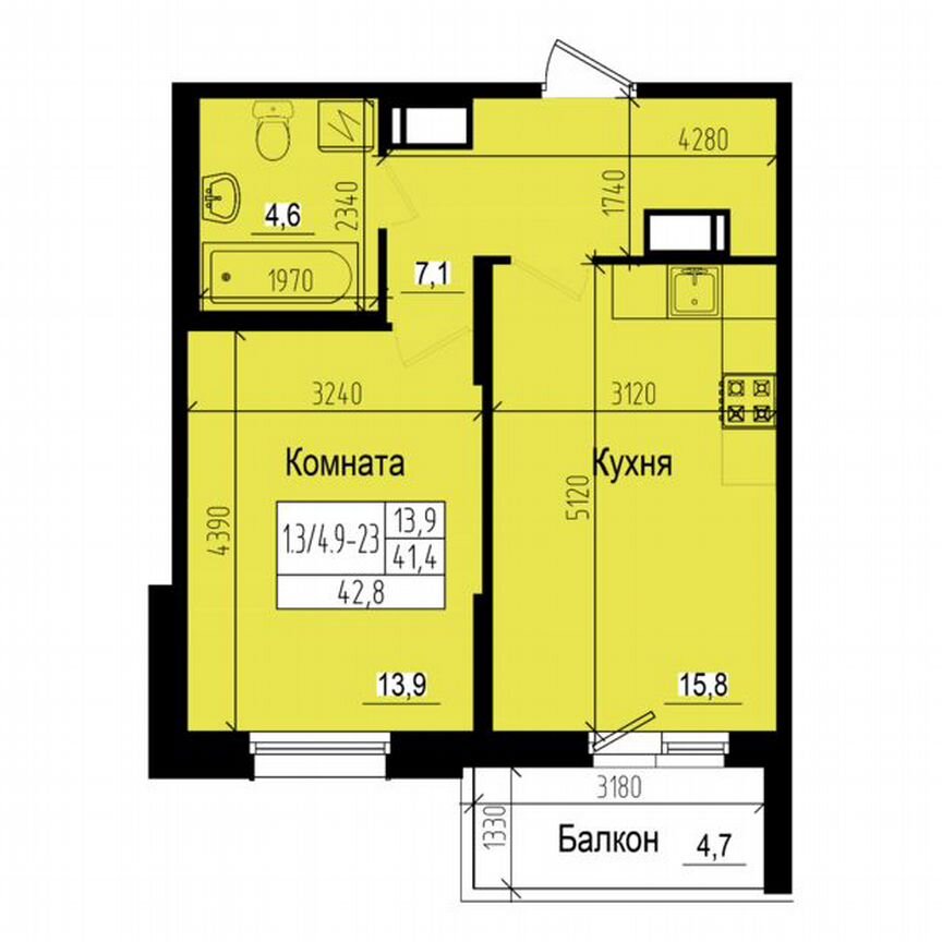 1-к. квартира, 42,8 м², 20/23 эт.