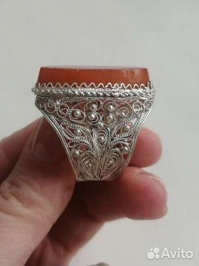 Кольцо серебро 925 скань янтарь желток