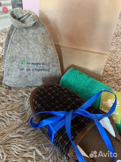 Банный набор мужской, тапки, шапка, полотенце